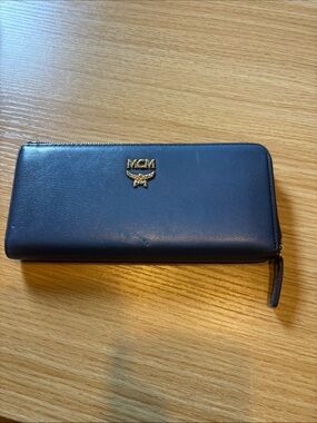 MCM Navy Leather Zip Wallet with Gold Logo